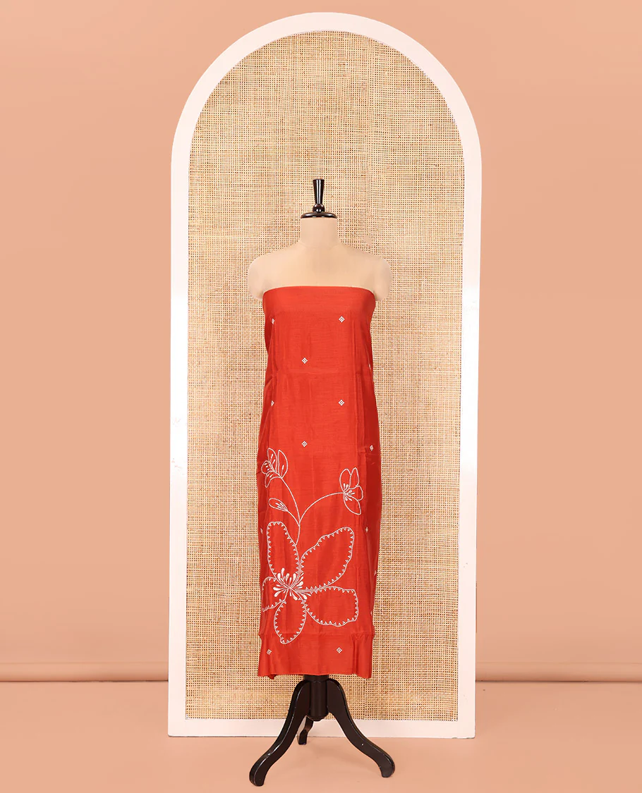Rust Mul Chanderi Designer Material Chudidar Set, Meticulously Woven with Big Floral Motifs Embroidered On Its Top, A Plain Santoon Bottom, and Paired with a Mul Chanderi Scallop Thread Embroidered Dupatta - Image 4