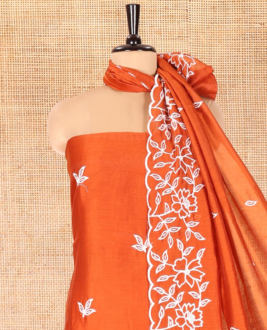 Rust Mul Chanderi Material Chudidar Set, Delicately Woven with Floral Embroidery on Its Top, a Plain Santoon Bottom, and Paired with a Floral Embroidered Scallop Dupatta - Image 3