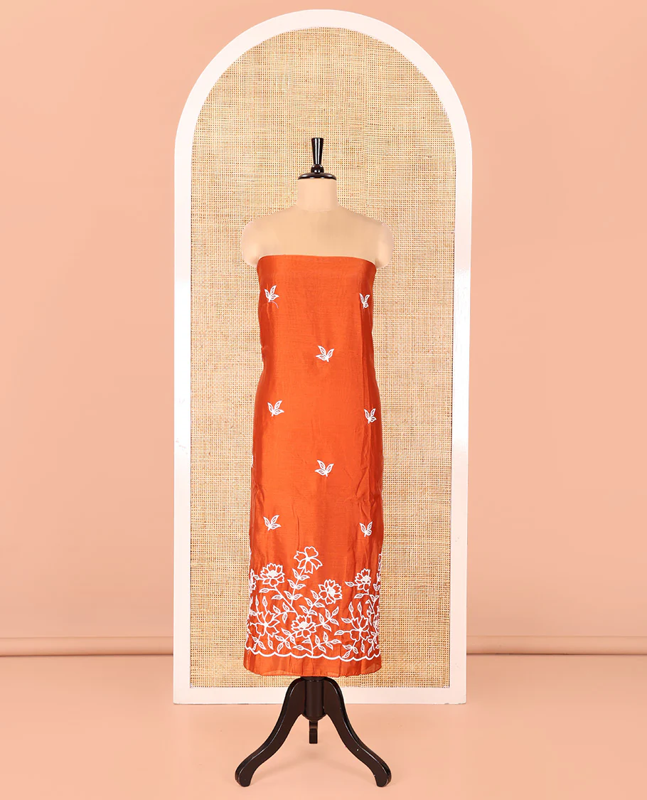 Rust Mul Chanderi Material Chudidar Set, Delicately Woven with Floral Embroidery on Its Top, a Plain Santoon Bottom, and Paired with a Floral Embroidered Scallop Dupatta - Image 4