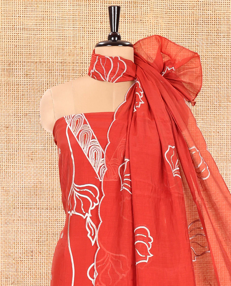 Rust Mul Chanderi Material Churidar Set, Decorated with Flower Embroidery and Sequins Work V-Neck Top, a Plain Santoon Bottom, and Paired with a Mul Chanderi Floral Embroidered Dupatta - Image 3