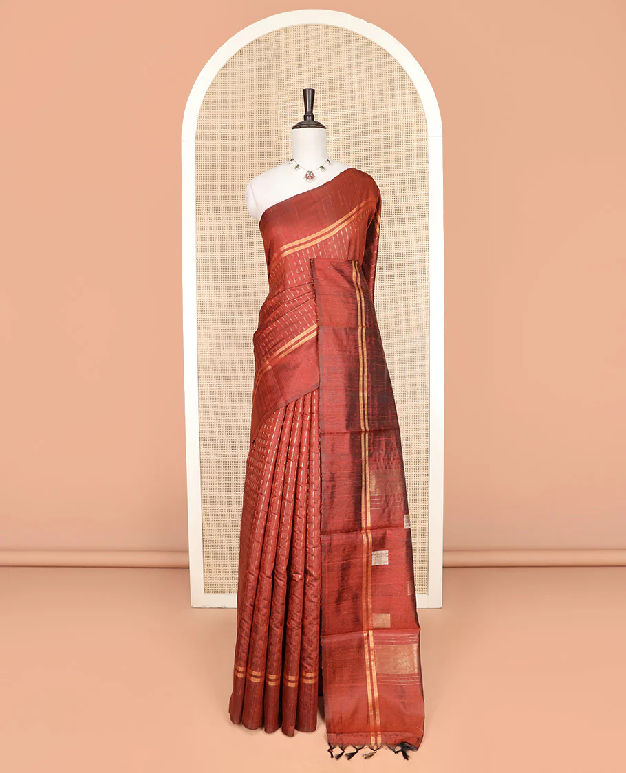 Rust Orange Dupion Silk Saree Beautified with Dobby-Style Buttas All Over Its Body, Zari Striped Border, Pallu Steeped with Square Designs, and Paired with a Matching Blouse - Image 3