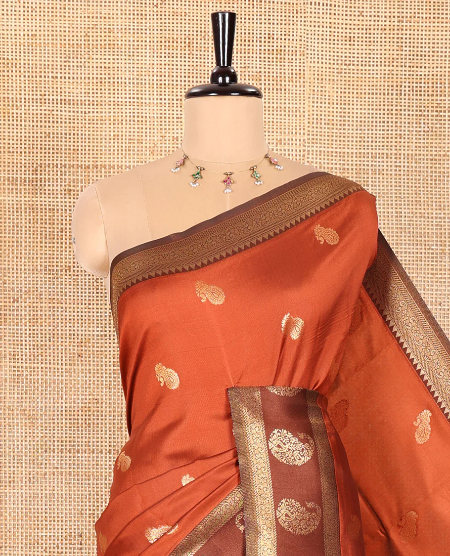 Rust Orange Kanchi Silk Saree, Accentuated with Paisley Zari Buttas All Over Its Body, Complemented by a Contrast Border of Floral and Paisley Designs, Grand Pallu of Jaal Design, and Paired with a Contrast Blouse - Image 2