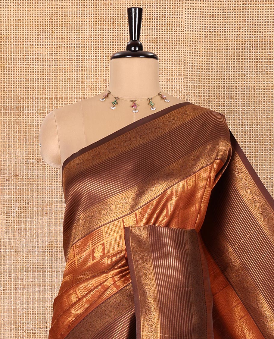 Rust Orange Kanchi Silk Saree, Accentuated with Zari Jacquard Design All Over Its Body, Complemented by a Contrast Traditional Zari Border of Chakram Designs, Majestically Detailed Pallu, and Paired with a Contrast Blouse - Image 2