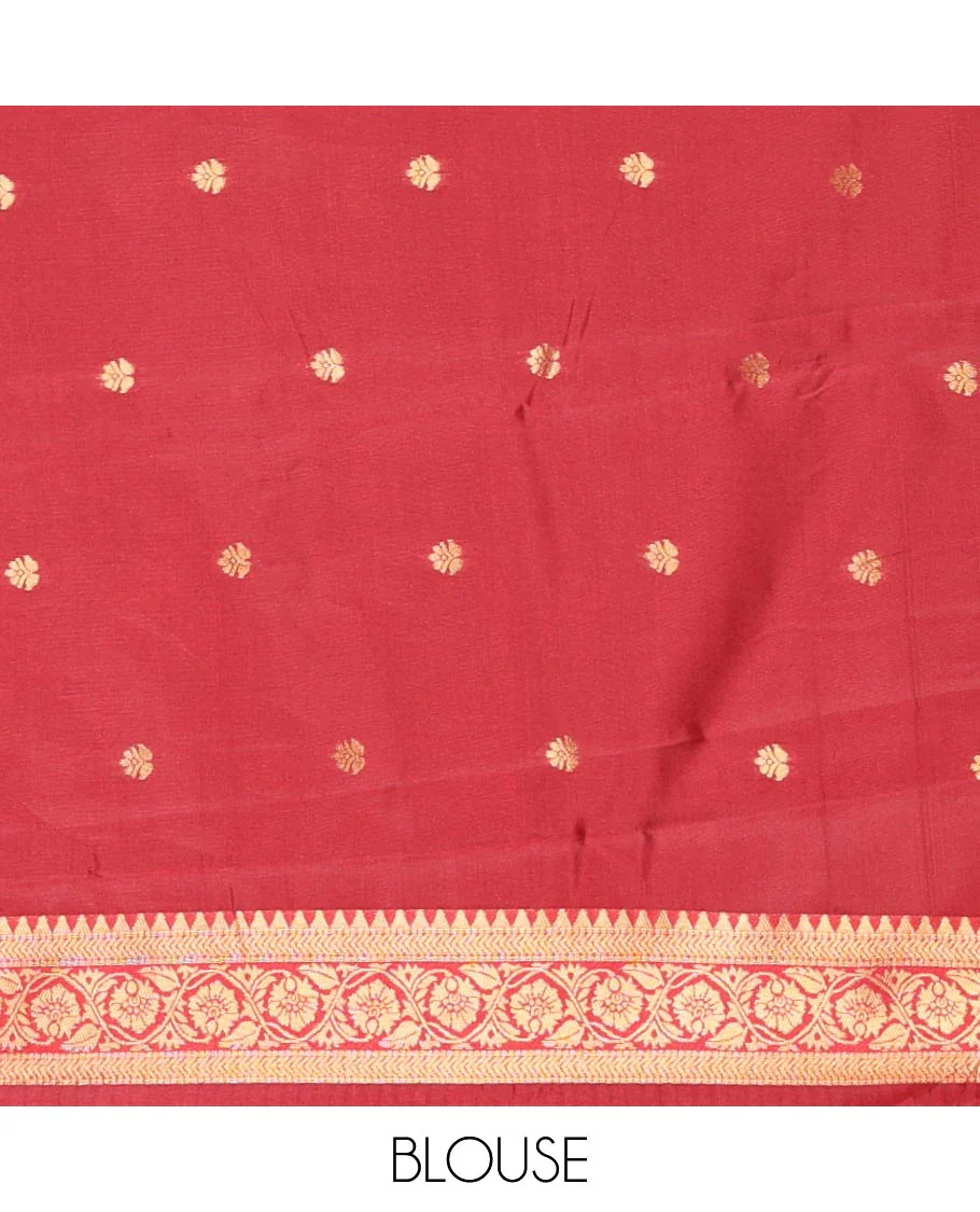 Rust Orange Kanchi Silk Saree Adorned with Pine Tree-Style Buttas Woven All Over Its Body, Complemented by Contrast Traditional Zari Design Border, Pallu Artfully Woven with Traditional Zari Designs, and Paired with a Contrast Blouse - Image 3