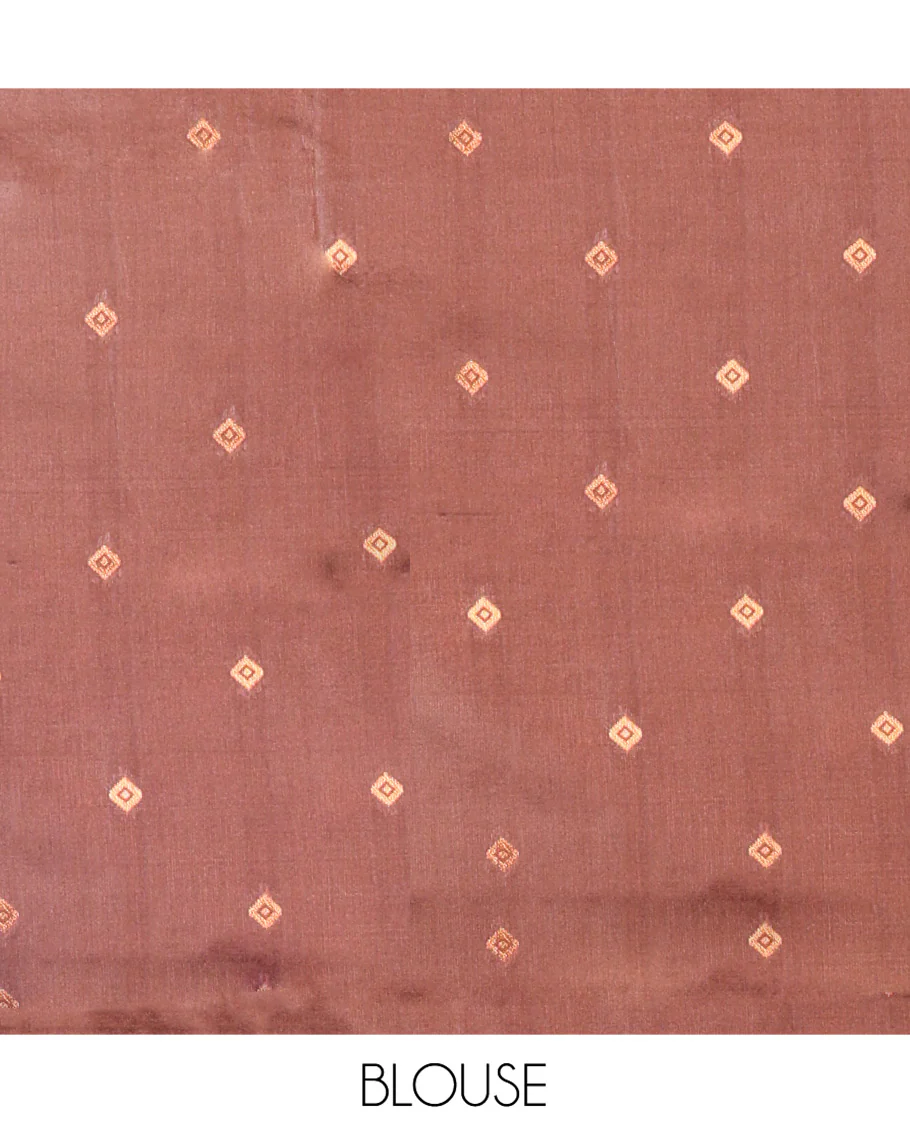 Rust Orange Kanchi Silk Saree Elevated with Floral Butta Enclosed Checks All Over Its Body, Complemented by Contrast Traditional Zari Rettai Pettu Border, Majestically Detailed Pallu, and Paired with a Contrast Blouse - Image 3