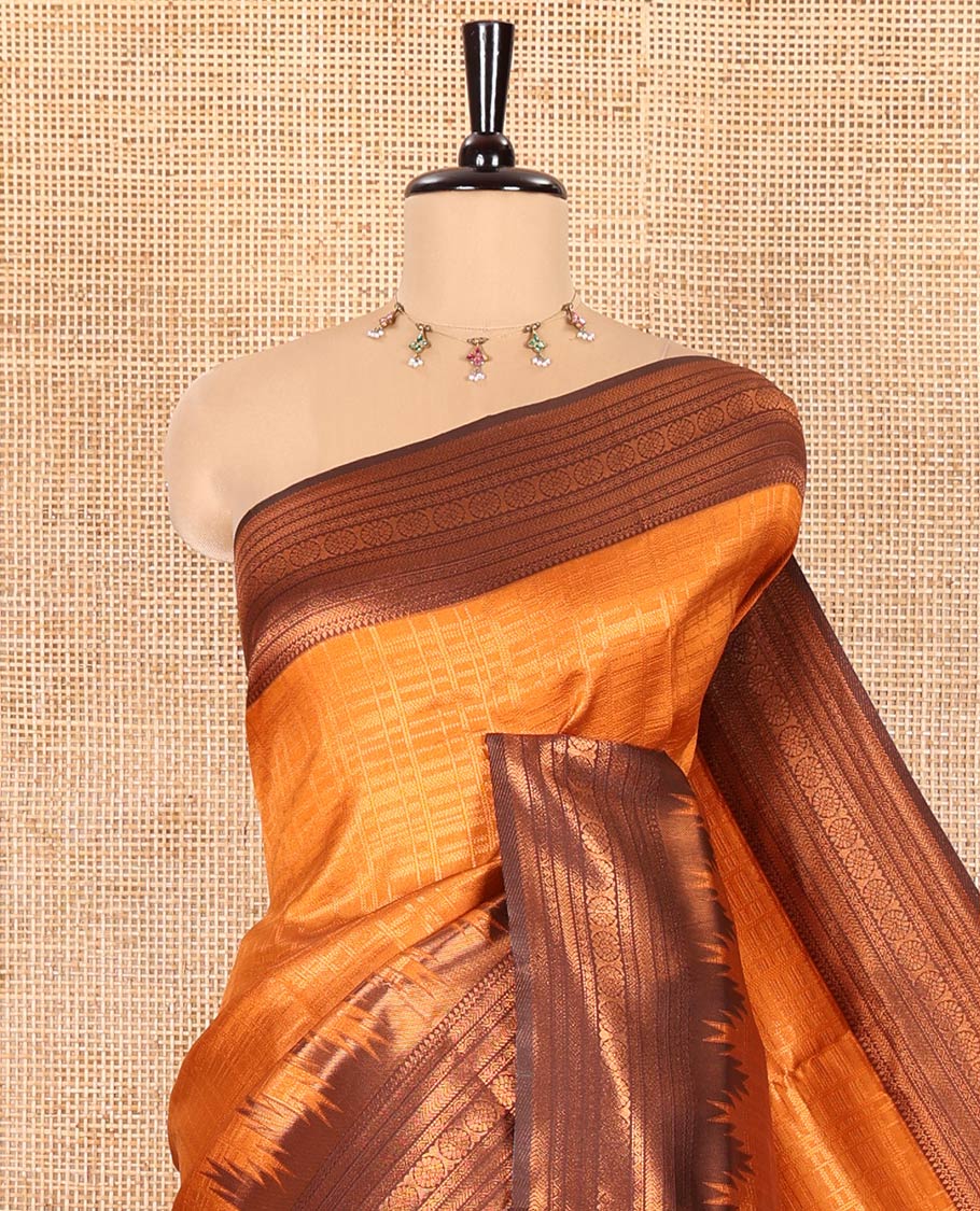 Rust Orange Kanchi Silk Saree Enriched with Zari Checks All Over Its Body, Complemented by Contrast Traditional Zari Design Woven Temple Border, Elegantly Decked Up Pallu, and Paired with a Contrast Blouse - Image 2