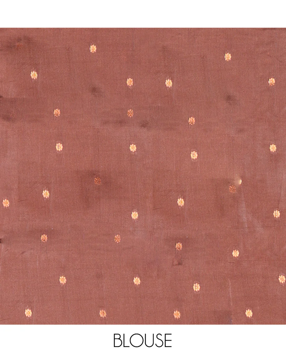 Rust Orange Kanchi Silk Saree Enriched with Zari Checks All Over Its Body, Complemented by Contrast Traditional Zari Design Woven Temple Border, Elegantly Decked Up Pallu, and Paired with a Contrast Blouse - Image 3