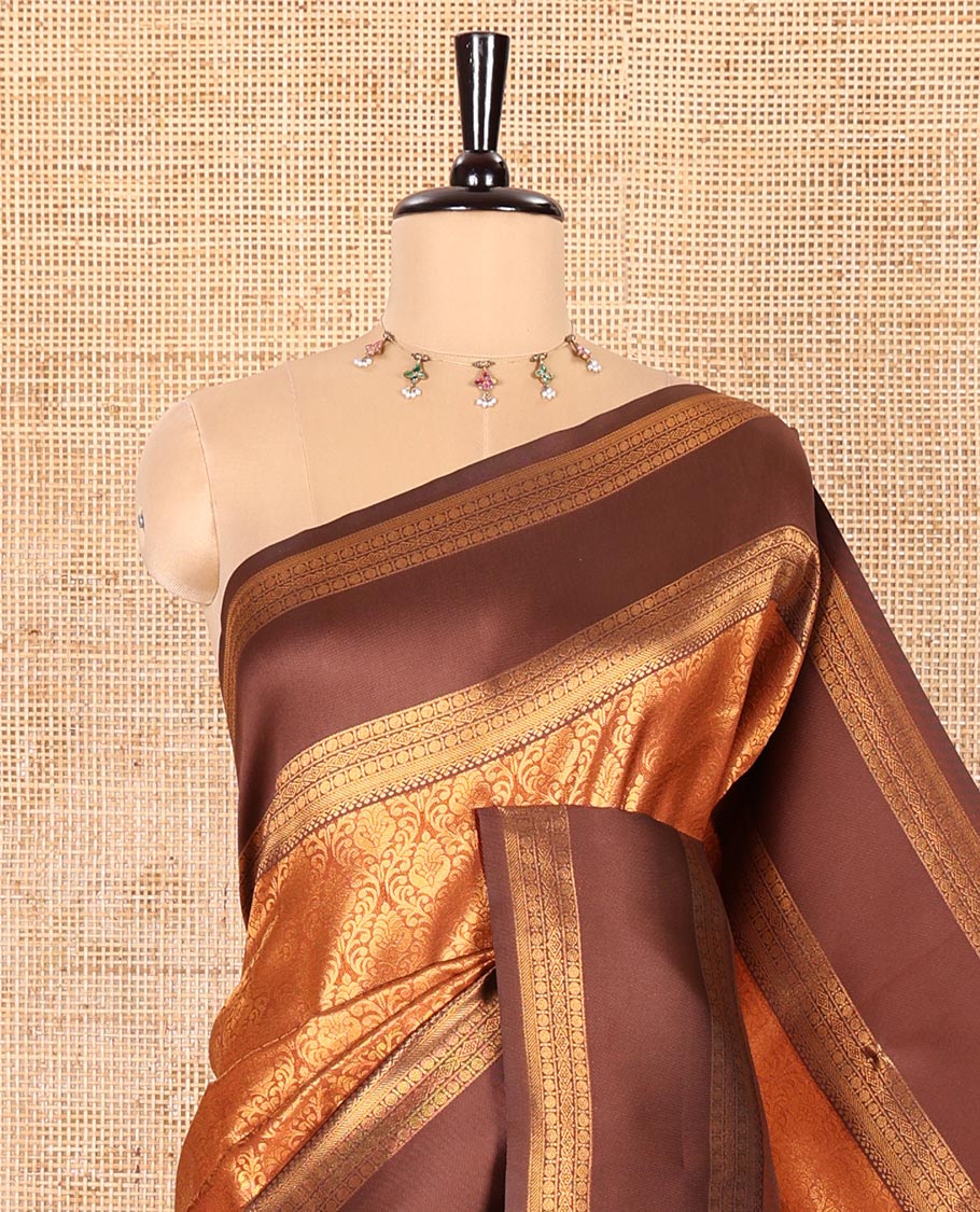 Rust Orange Kanchi Silk Saree, Highlighted with Jacquard Zari Design All Over Its Body, Complemented by a Contrast Rettai Pettu Traditional Zari Border, Opulently Embellished Pallu, and Paired with a Contrast Jacquard Blouse - Image 2
