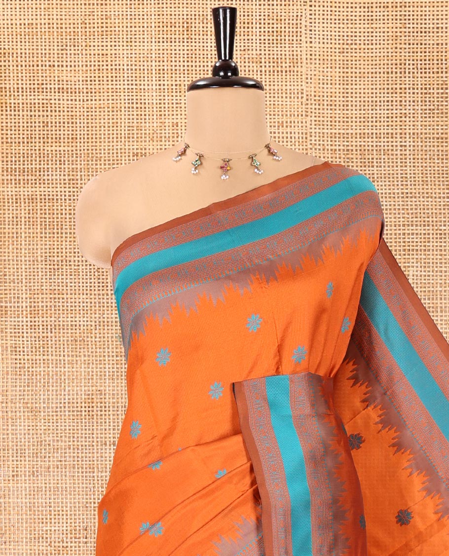 Rust Orange Kanchi Silk Saree, Woven with Floral Thread Buttas All Over Its Body, Complemented by a Contrast Border of Temple Traditional Motifs, Jaal Pallu, and Paired with a Matching Blouse - Image 2