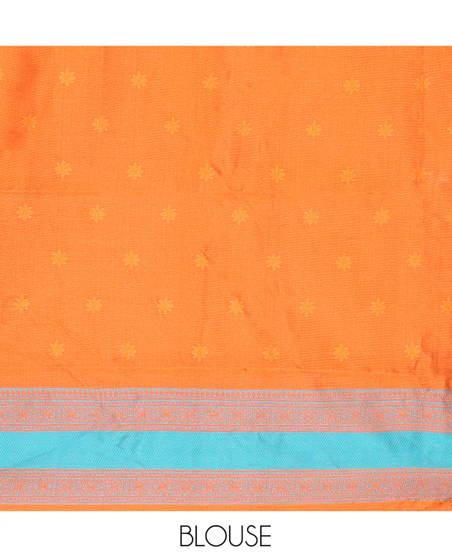 Rust Orange Kanchi Silk Saree, Woven with Floral Thread Buttas All Over Its Body, Complemented by a Contrast Border of Temple Traditional Motifs, Jaal Pallu, and Paired with a Matching Blouse - Image 3