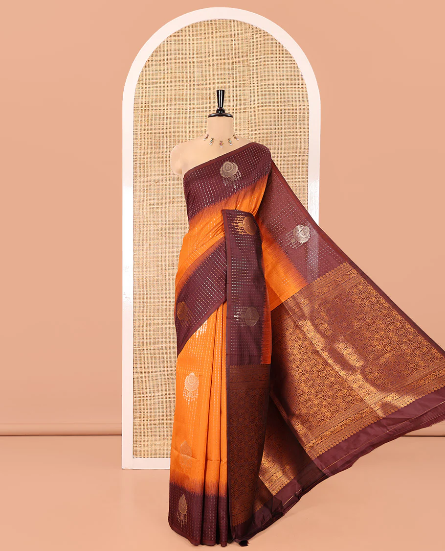 Rust Orange Kanchi Soft Silk Saree, Enriched with Vaira Oosi Stripes, and Zari Buttas All Over Its Body, Complemented by a Contrast Zari Design Border, an Intricately Designed Pallu, and Paired with a Contrast Blouse