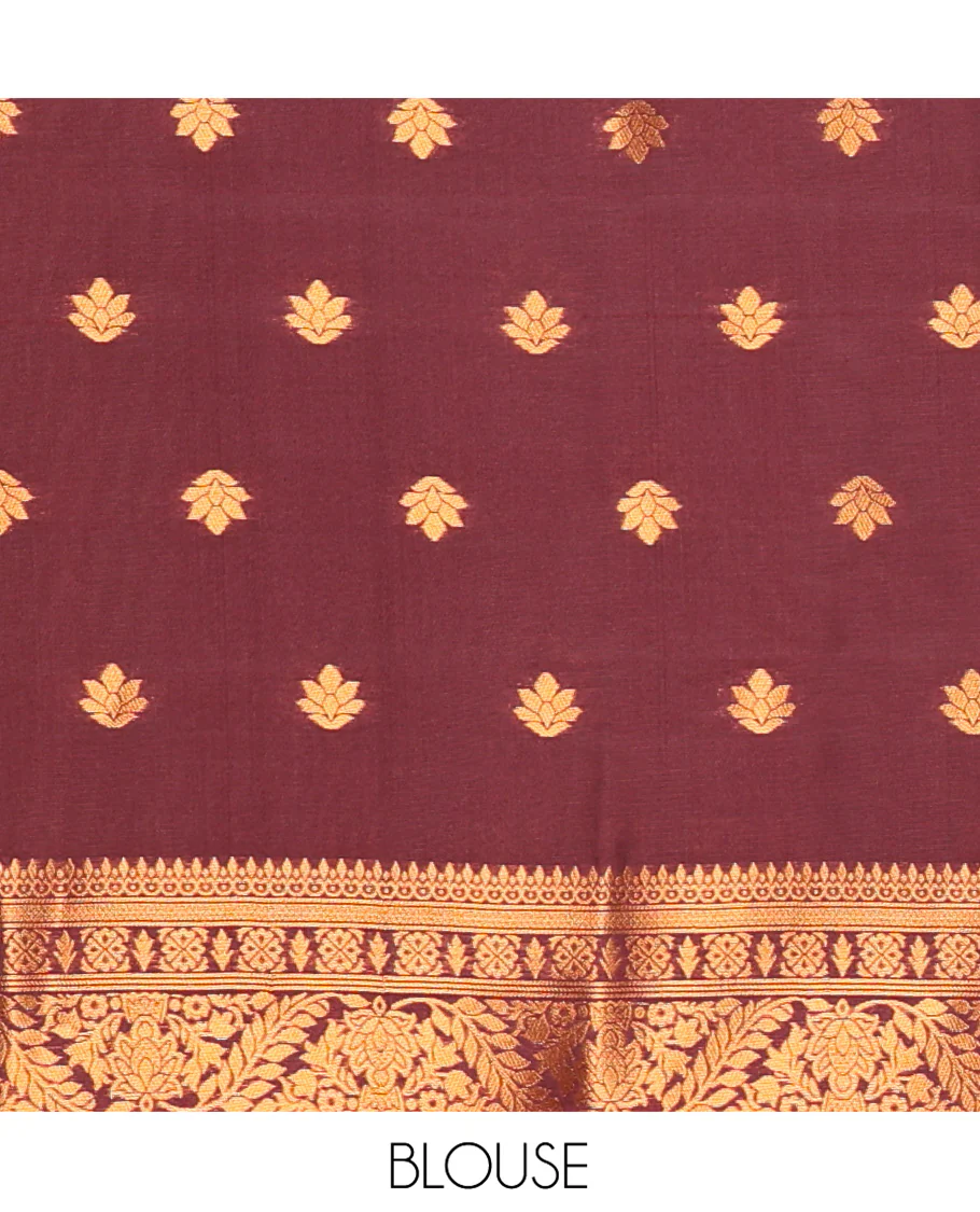 Rust Orange Kanchi Soft Silk Saree, Subtly Sparkled with Zari Buttas All Over Its Body, Complemented by a Contrast Chakram Motifs Border, an Intricately Designed Pallu, and Paired with a Contrast Blouse - Image 3