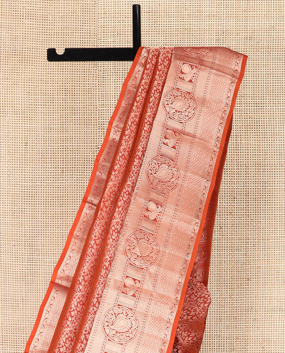 Rust Orange Kanchipuram Silk Saree Elegantly Designed with Jacquard Design, Highlighted with Zari Border of Thilakam, Muthu, Kodi Visiry, Jaal, Manga, and Mayil Designs, Majestically Detailed Pallu, and Paired with a Matching Blouse - Image 2