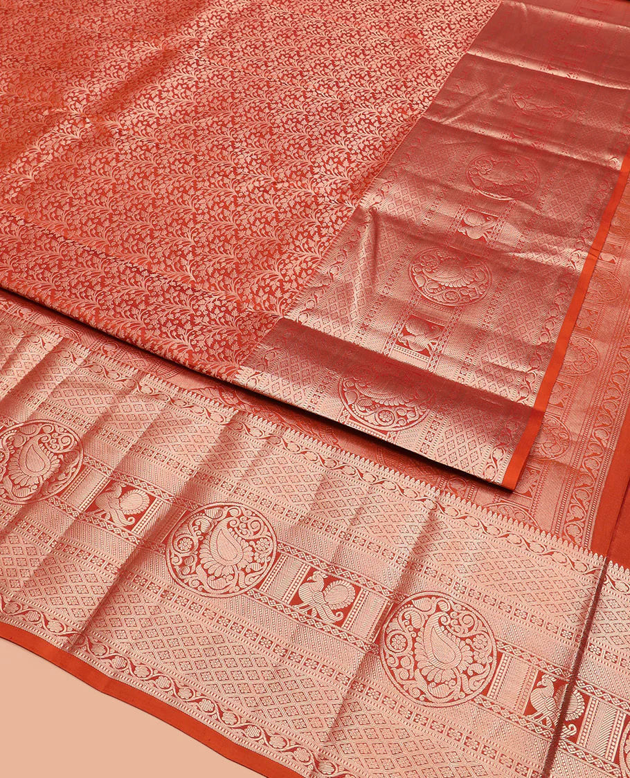 Rust Orange Kanchipuram Silk Saree Elegantly Designed with Jacquard Design, Highlighted with Zari Border of Thilakam, Muthu, Kodi Visiry, Jaal, Manga, and Mayil Designs, Majestically Detailed Pallu, and Paired with a Matching Blouse - Image 3