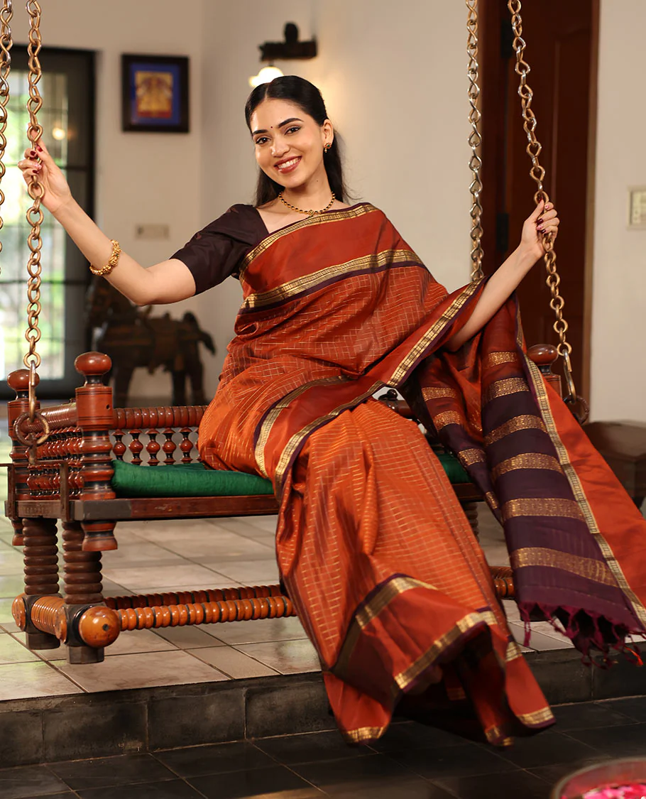 Rust Orange Mayuri Soft Silk Saree Graced with Medium-sized Zari Checks, Complemented by a Contrast Rettai Pettu Border of Rekku, Banaras, Kathir, and Star Vanki Designs, Pallu Elevated with Zari Designs, and Paired with a Contrast Blouse - Image 4