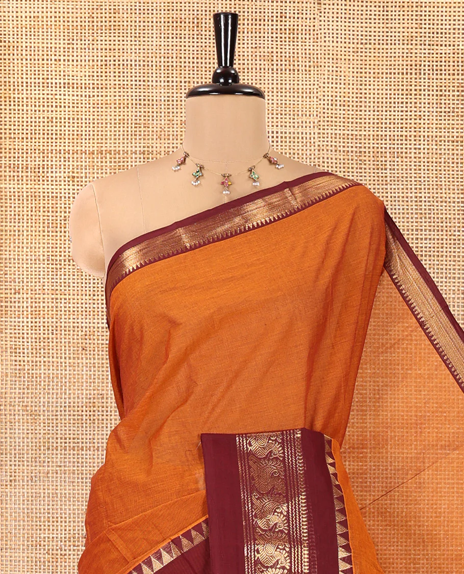 Rust Orange Plain Chettinad Cotton Saree, Contrast Rettai Pettu Temple-Peacock Border, a Self-Pallu, a Matching Blouse - Image 2