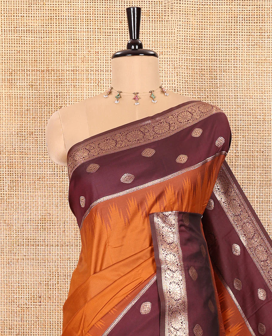 Rust Orange Soft Silk Saree Gracefully Embellished with Zari Buttas Woven All Over Its Body, Highlighted with a Contrast Traditional Zari Border Featuring Floral Creeper Design, Zari-Rich Jaal Pallu, and Paired with a Contrast Zari Design Blouse - Image 2