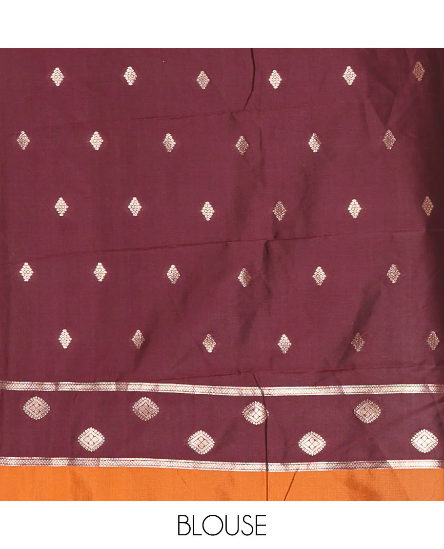 Rust Orange Soft Silk Saree Gracefully Embellished with Zari Buttas Woven All Over Its Body, Highlighted with a Contrast Traditional Zari Border Featuring Floral Creeper Design, Zari-Rich Jaal Pallu, and Paired with a Contrast Zari Design Blouse - Image 3