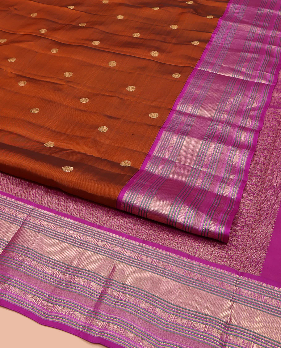 Rust Orange Vasundhara Lite Silk Mix Saree, Showcasing with Zari Buttas, Complemented by a Contrast Border of Thilakam Mokku, Banaras, Mayil, Yaanai, and Mayil Kann Designs, Artfully Detailed Pallu of Jaal Designs, and Paired with a Contrast Blouse - Image 2