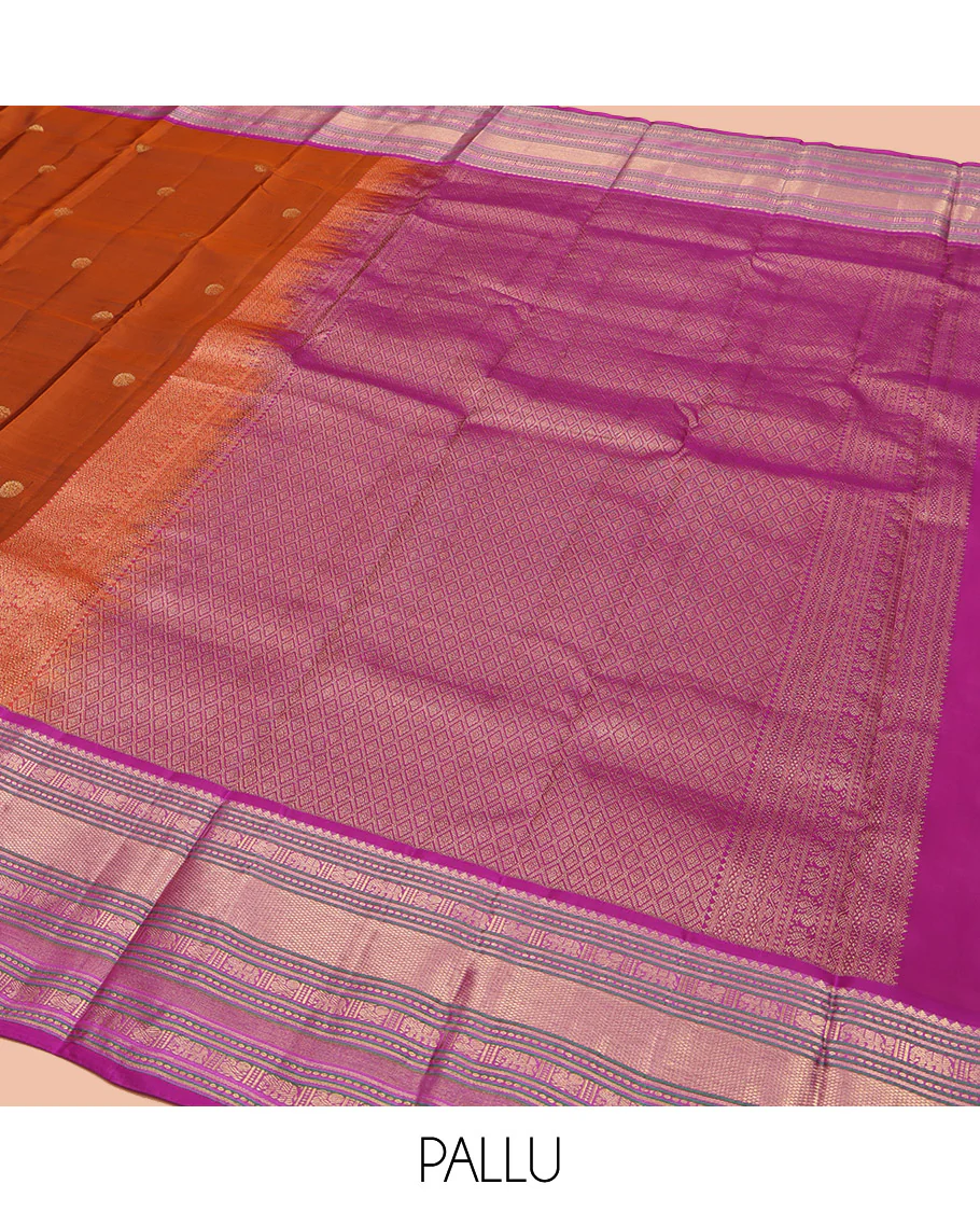 Rust Orange Vasundhara Lite Silk Mix Saree, Showcasing with Zari Buttas, Complemented by a Contrast Border of Thilakam Mokku, Banaras, Mayil, Yaanai, and Mayil Kann Designs, Artfully Detailed Pallu of Jaal Designs, and Paired with a Contrast Blouse - Image 5