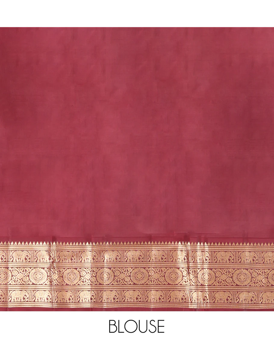Rust Orange Vasundhara Silk Saree, Embellished with Mayil and Yaanai Buttas Across Its Body, Complemented by a Contrast Korvai Border of Rekku, Banaras, Yaanai, and Chakram Designs, Gleaming Jaal Pallu, and Paired with a Contrast Blouse - Image 7