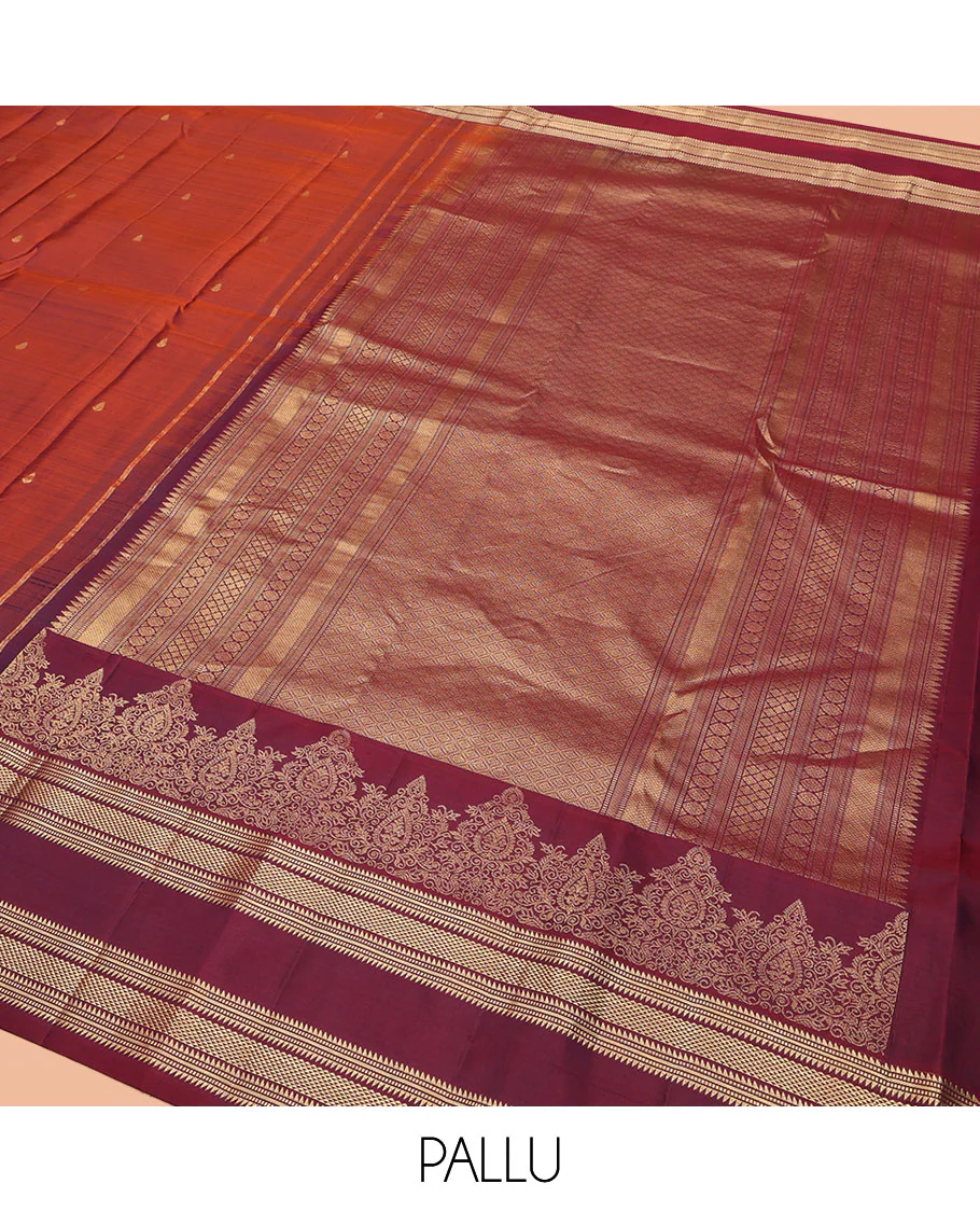 Rust Orange Vasundhara Silk Saree, Enriched with Zari Buttas All Over Its Body, Complemented by a Contrast Rettai Pettu Border of Ara Bogudi, Banaras, Muthu, and Ara Maadam Designs, Grand Jaal Pallu, and Paired with a Contrast Blouse - Image 5