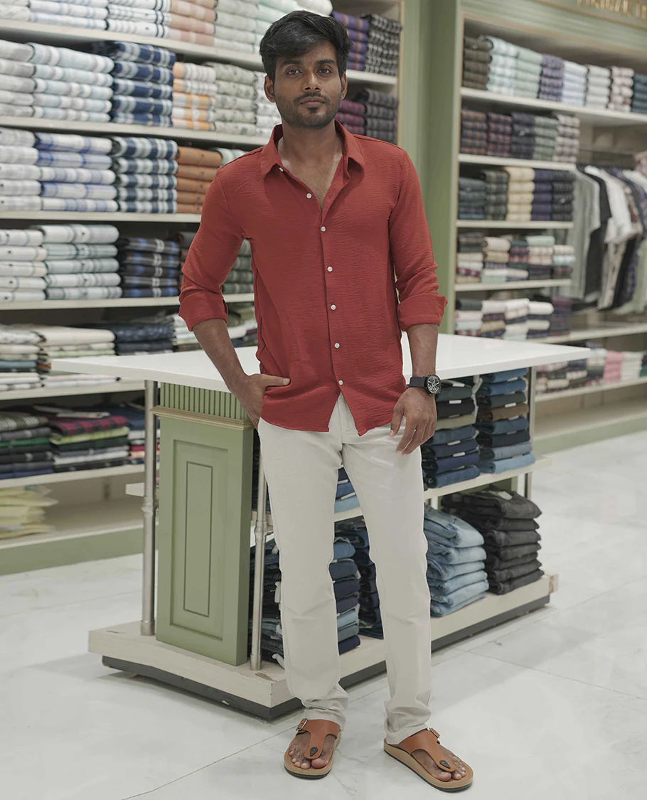 Rust Plain Poly-Blend Casual Shirt, Comes with a Spread Collar, Full-Sleeves, Slim Fit, and Regular Length - Image 2