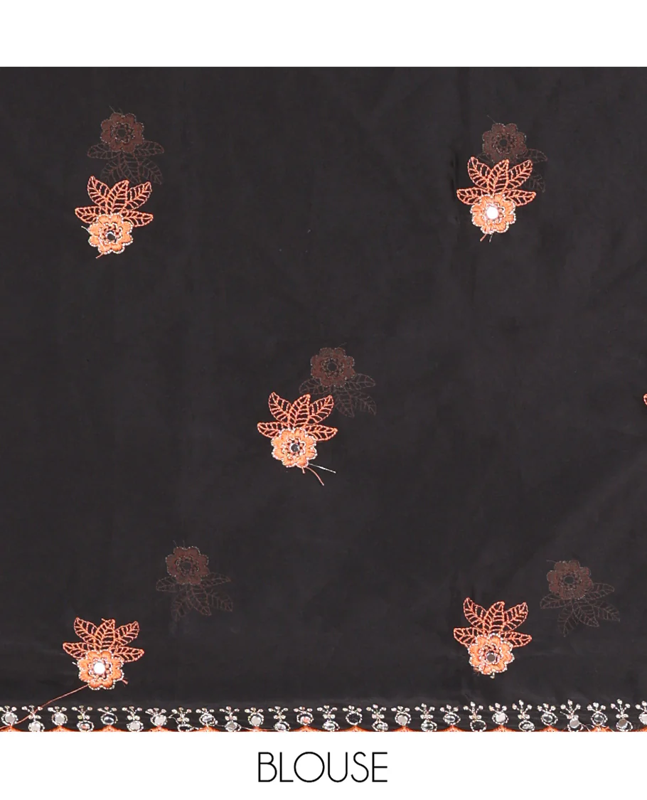 Rust Rangoli Chiffon Saree, Adorned with Flower-Style Motifs Embroidered on Its Body, a Subtle Scallop Embroidered Border, a Self-Pallu, and Paired with a Contrast Embroidered Blouse - Image 3