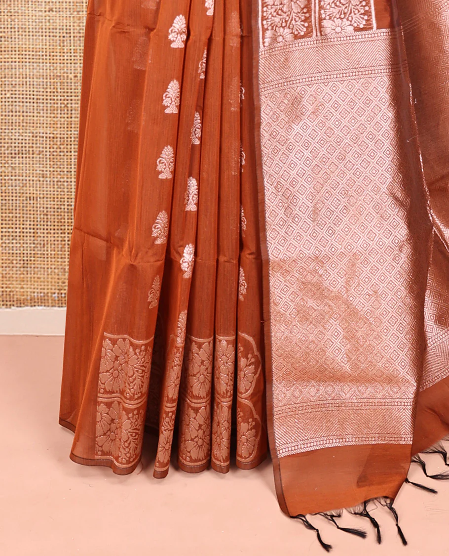 Rust Orange Semi-Silk Cotton Saree, Gleamed Up with Zari Buttas All Over Its Body, a Subtle Border of Floral Designs, Grand Jaal Pallu, and Paired with a Matching Blouse - Image 3