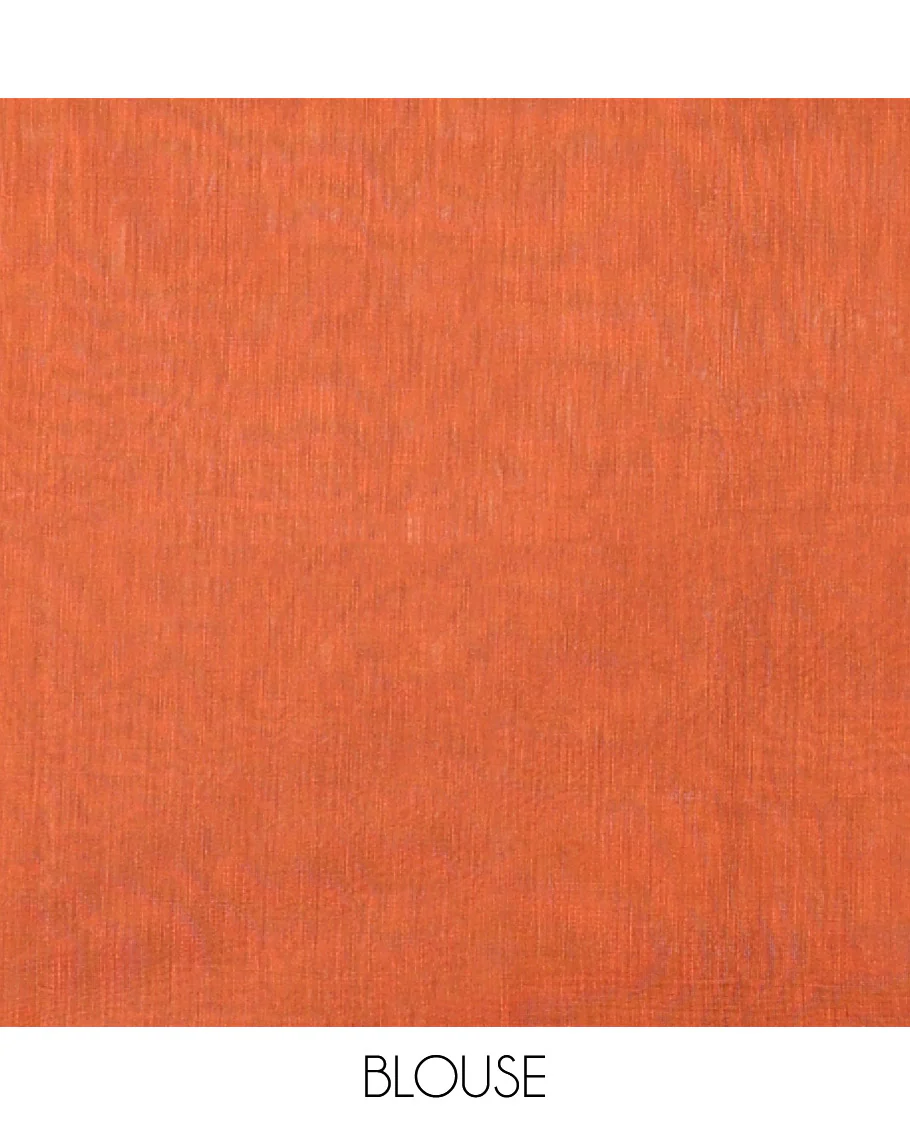 Rust Orange Semi-Silk Cotton Saree, Gleamed Up with Zari Buttas All Over Its Body, a Subtle Border of Floral Designs, Grand Jaal Pallu, and Paired with a Matching Blouse - Image 4
