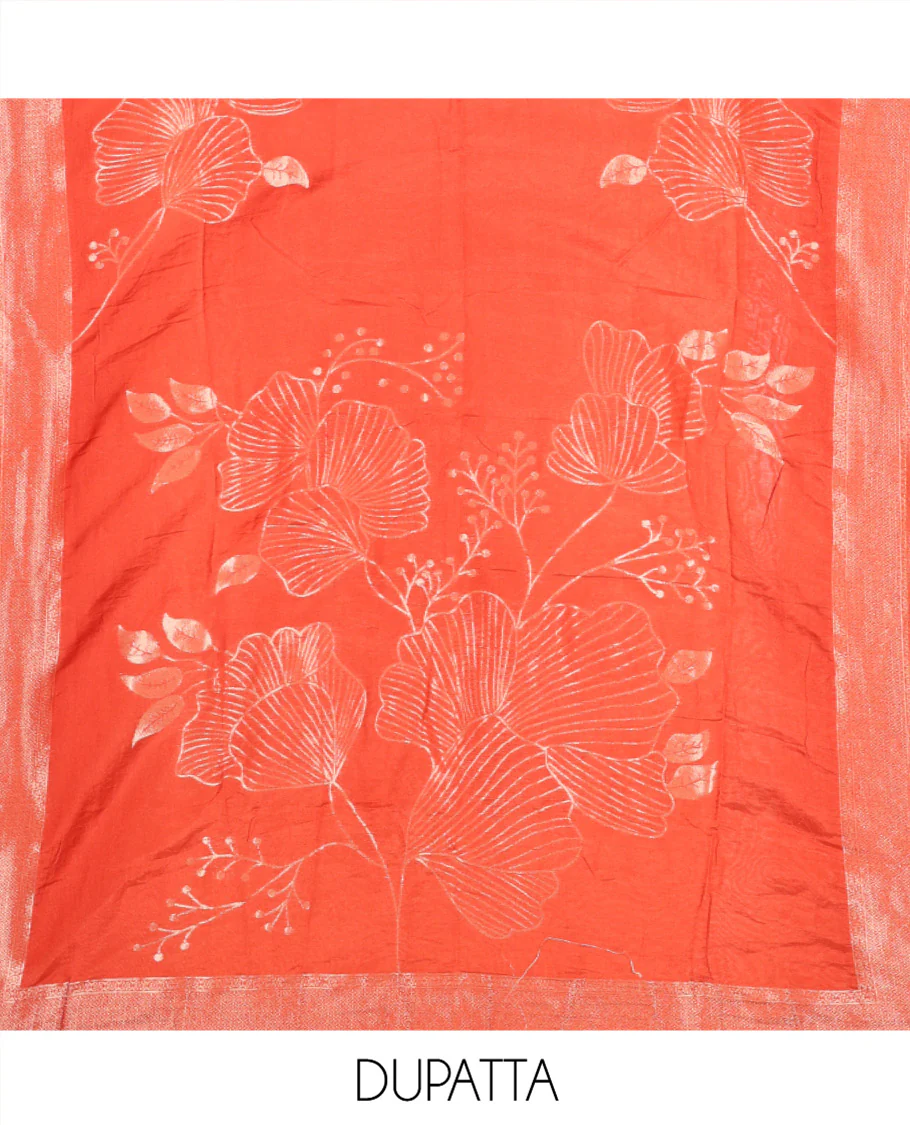 Rust Semi-Silk Material Chudidar Set, Adorned with Pom-Pom Necklined Top, a Plain Santoon Bottom, and Paired Floral Zari Woven Semi-Silk Dupatta - Image 2