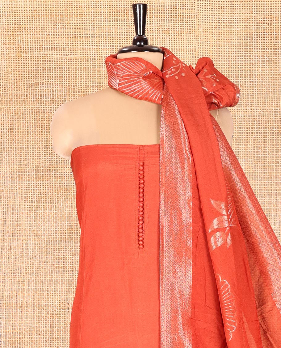 Rust Semi-Silk Material Chudidar Set, Adorned with Pom-Pom Necklined Top, a Plain Santoon Bottom, and Paired Floral Zari Woven Semi-Silk Dupatta - Image 3