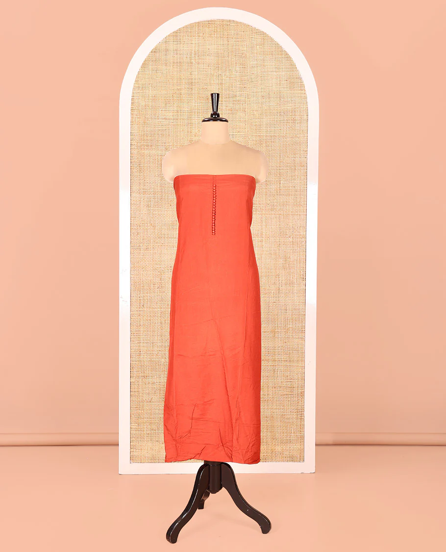 Rust Semi-Silk Material Chudidar Set, Adorned with Pom-Pom Necklined Top, a Plain Santoon Bottom, and Paired Floral Zari Woven Semi-Silk Dupatta - Image 4