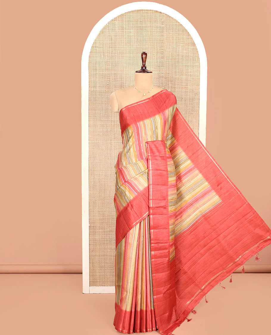 Rust Striped Semi-Tussar Silk Saree, Adorned with Vertical Zari Stripes on Its Body, Subtle Zari Border, a Subtle Pallu, and Paired with a Contrast Striped Blouse - Image 3