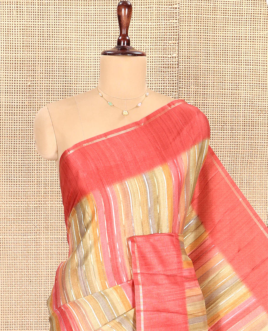 Rust Striped Semi-Tussar Silk Saree, Adorned with Vertical Zari Stripes on Its Body, Subtle Zari Border, a Subtle Pallu, and Paired with a Contrast Striped Blouse - Image 4