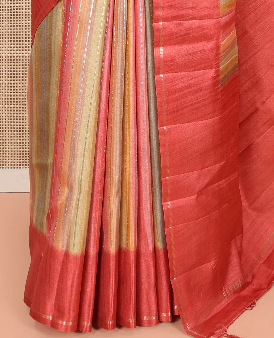 Rust Striped Semi-Tussar Silk Saree, Adorned with Vertical Zari Stripes on Its Body, Subtle Zari Border, a Subtle Pallu, and Paired with a Contrast Striped Blouse - Image 5