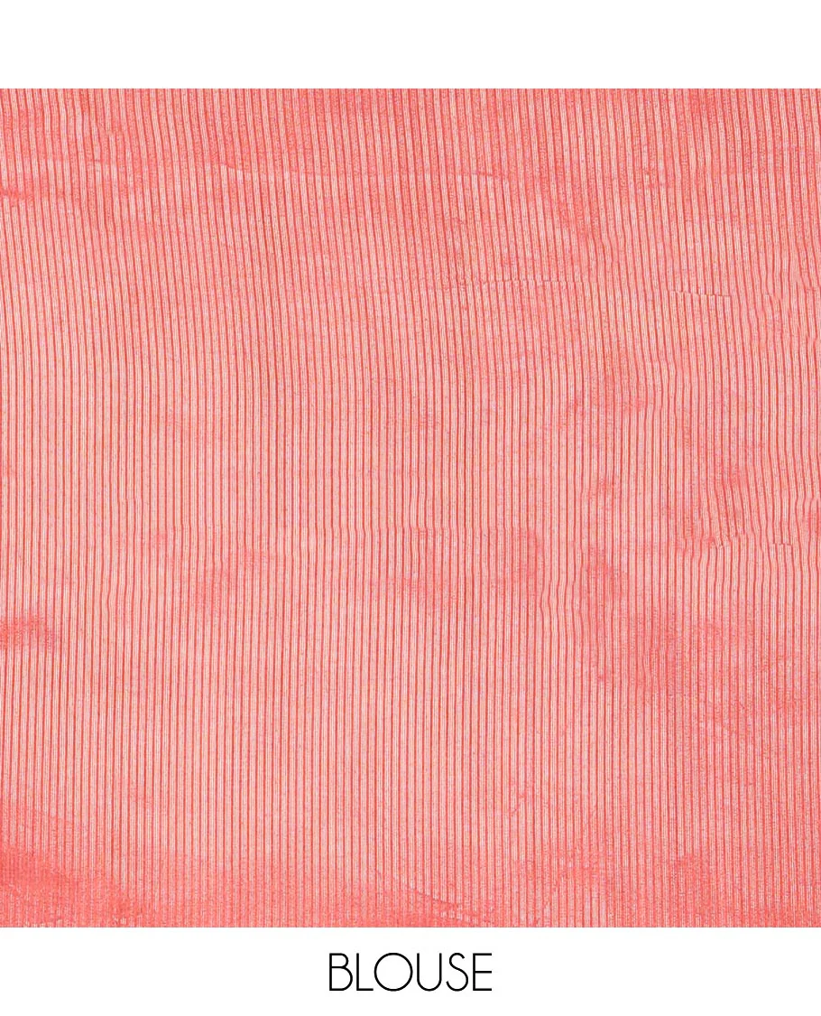Rust Striped Semi-Tussar Silk Saree, Adorned with Vertical Zari Stripes on Its Body, Subtle Zari Border, a Subtle Pallu, and Paired with a Contrast Striped Blouse - Image 6