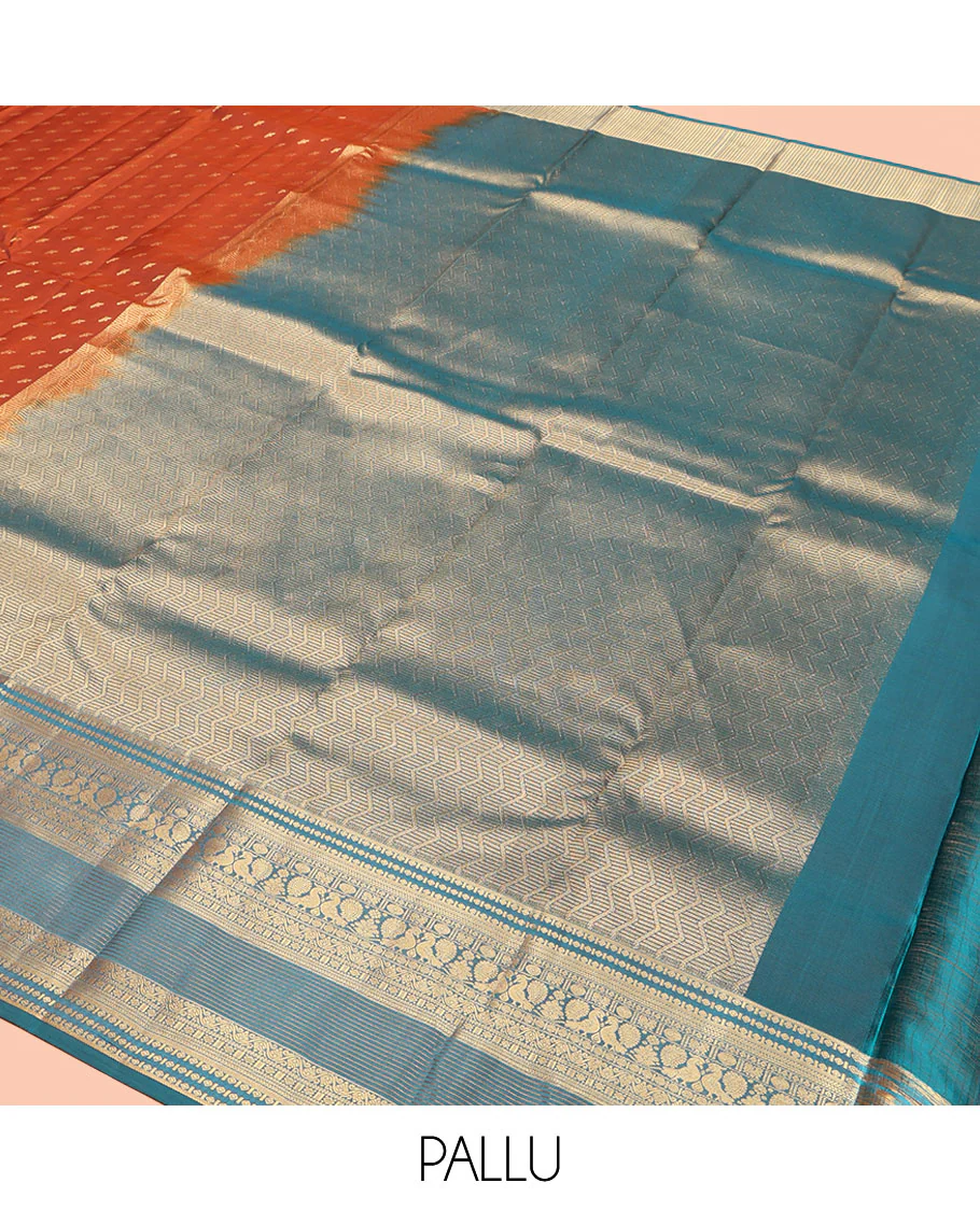 Rust Vasundhara Lite Silk Mix Saree, Elevated with Zari Buttas on Its Body, Complemented by a Contrast Traditional Zari Border of Mayil and Chakram Designs, Pallu Features Chevron Designs, and Paired with a Contrast Blouse - Image 5