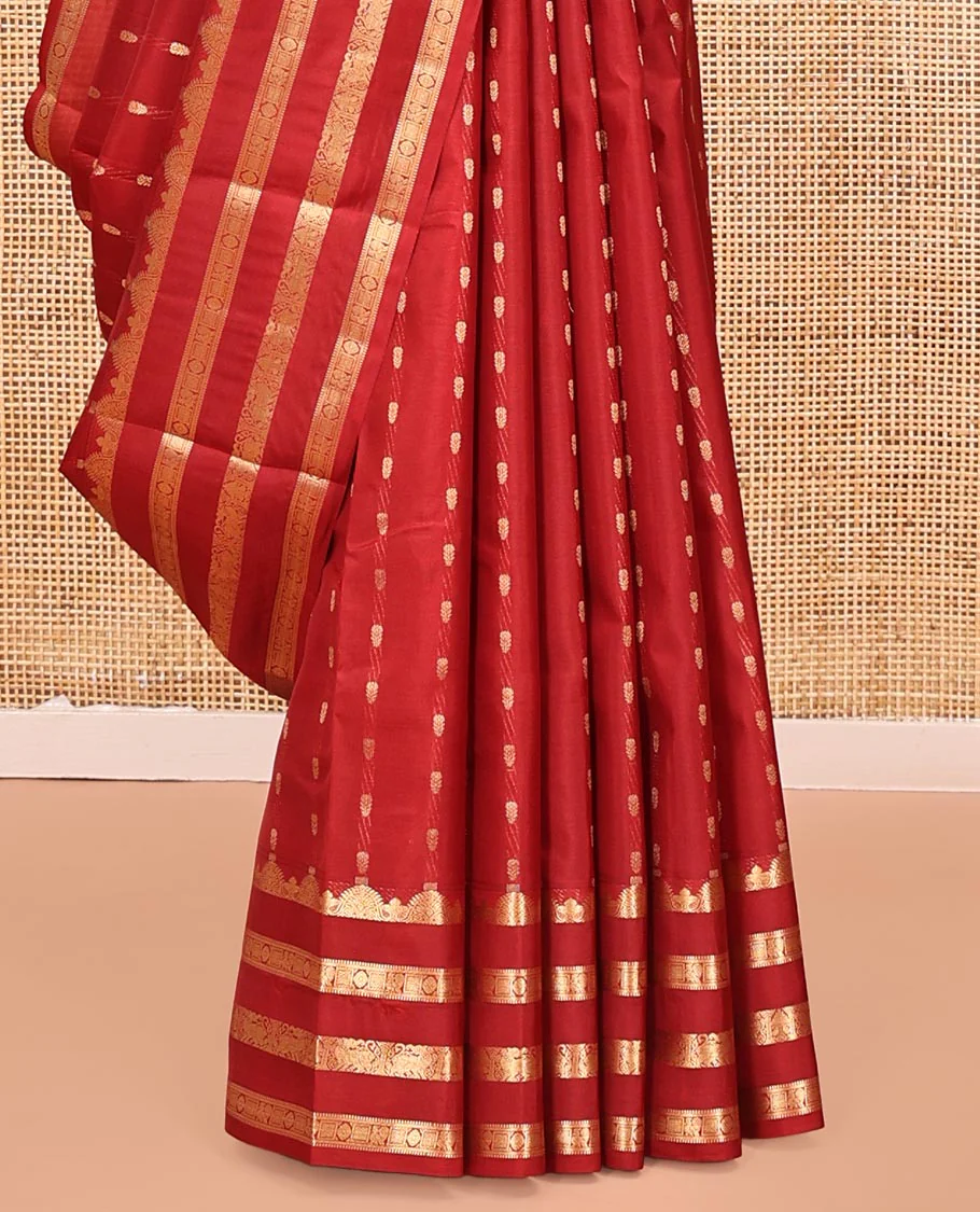Rust Vasundhara Silk Mix Saree, Beautified with Zari Buttas All Over Its Body, Highlighted by Varisai Pettu Border of Mayil, Laddu Kamalam, and Yaali Designs, Grand Pallu and Paired with a Matching Blouse - Image 4