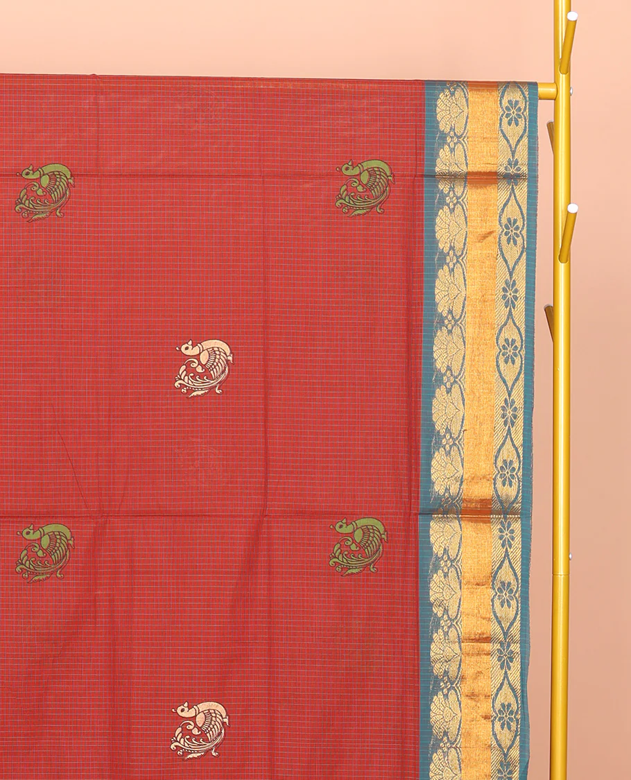 Rust Venkatagiri Cotton Saree, Delicately Printed with Peacock Buttas and Checks, a Contrast Traditional Zari Border, Pallu of Stripes, and No Blouse - Image 2
