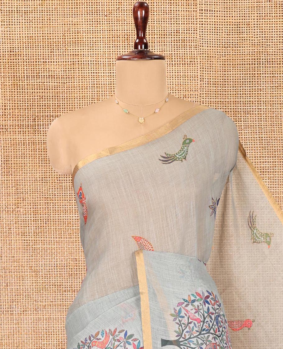 Sage Green Linen Cotton Saree, Steeped in the Richness of Nature-Themed Motifs Like Bird, Owl, and Tree, a Subtle Piping Border, Pallu of Tree Motifs, and Paired with a Matching Blouse - Image 2