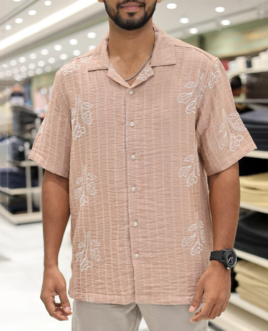 Salmon Cotton-Blended Casual Shirt, Delicately Woven with Stripes-Floral Motifs Embroidery, a Half-Sleeve, a Cuban Collar, a Boxy Fit, and Regular Length - Image 5