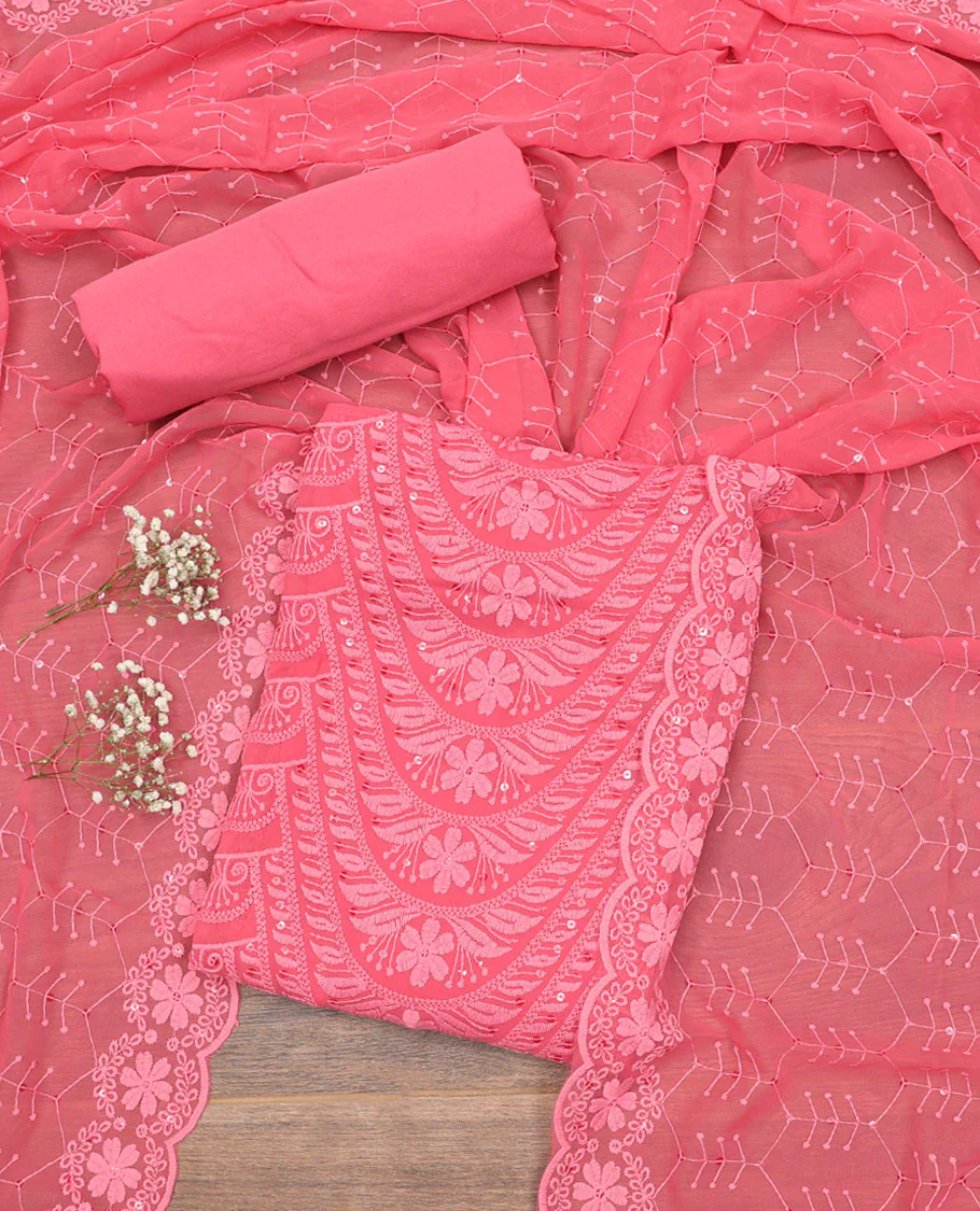 Salmon Pink Material Chudidar Set, Finely Crafted with Chikankari-Style Thread and Sequins Embroidery on Georgette Top, a Plain Santoon Bottom, and Paired with a Geometric Embroidery Georgette Dupatta