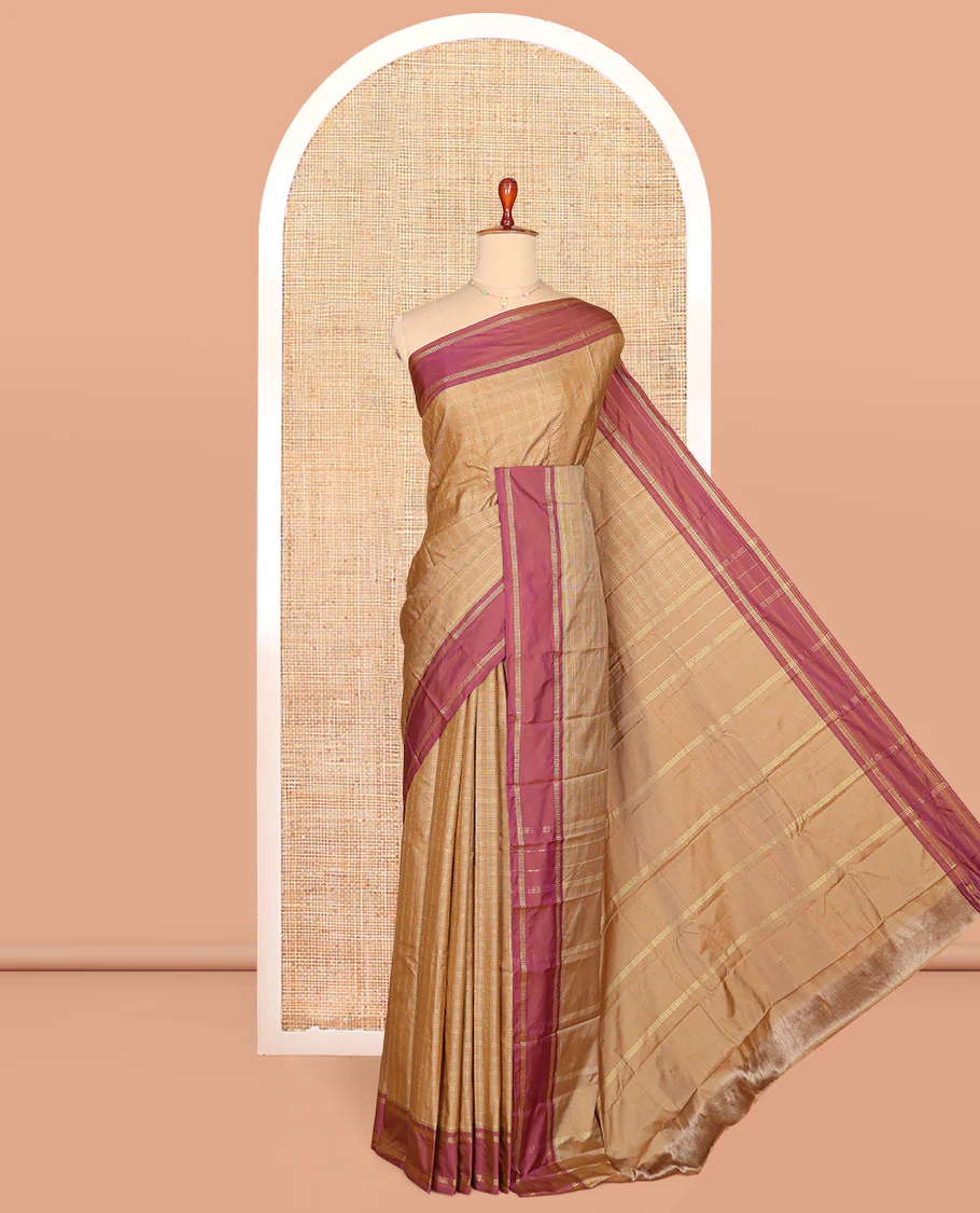 Sandal Aarani Gift Saree, Sparsely Woven with Checked Design on Its Body, Complemented by a Contrast Border of Stripes and Buttas, Pallu of Stripes, and Paired with a Matching Blouse