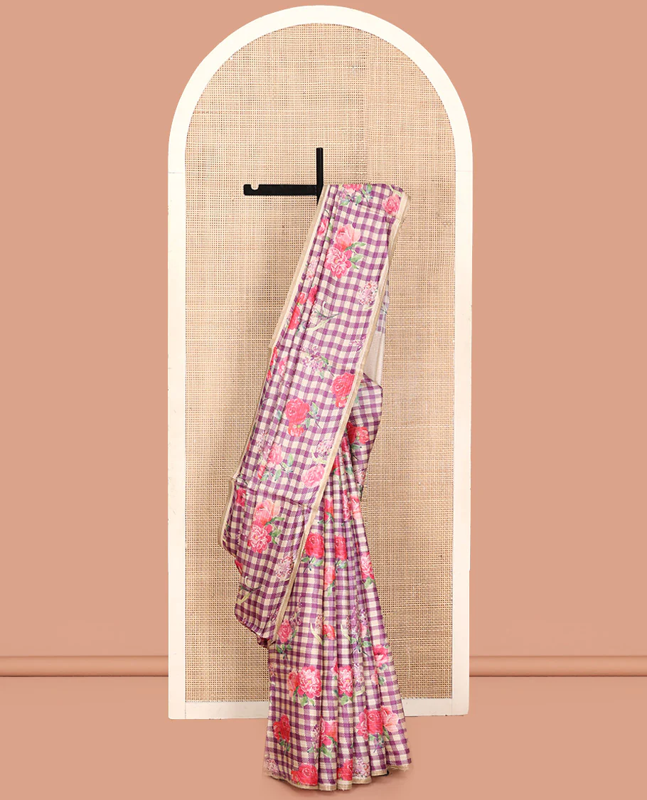Sandal and Purple Tussar Silk Saree, Mesmerized with Burberry-Style Checks and Floral Print on Its Body, a Subtle Border, Subtly Striped Pallu, and Paired with a Matching Blouse