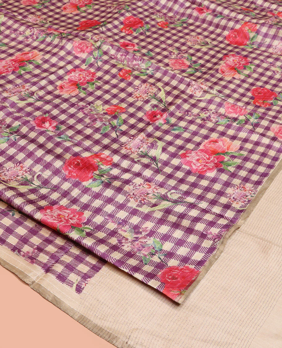 Sandal and Purple Tussar Silk Saree, Mesmerized with Burberry-Style Checks and Floral Print on Its Body, a Subtle Border, Subtly Striped Pallu, and Paired with a Matching Blouse - Image 2