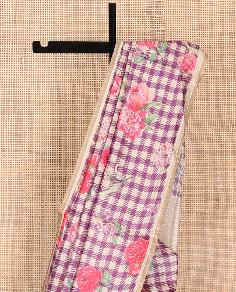 Sandal and Purple Tussar Silk Saree, Mesmerized with Burberry-Style Checks and Floral Print on Its Body, a Subtle Border, Subtly Striped Pallu, and Paired with a Matching Blouse - Image 3