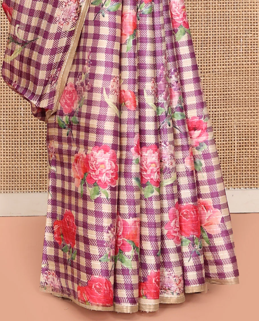 Sandal and Purple Tussar Silk Saree, Mesmerized with Burberry-Style Checks and Floral Print on Its Body, a Subtle Border, Subtly Striped Pallu, and Paired with a Matching Blouse - Image 4