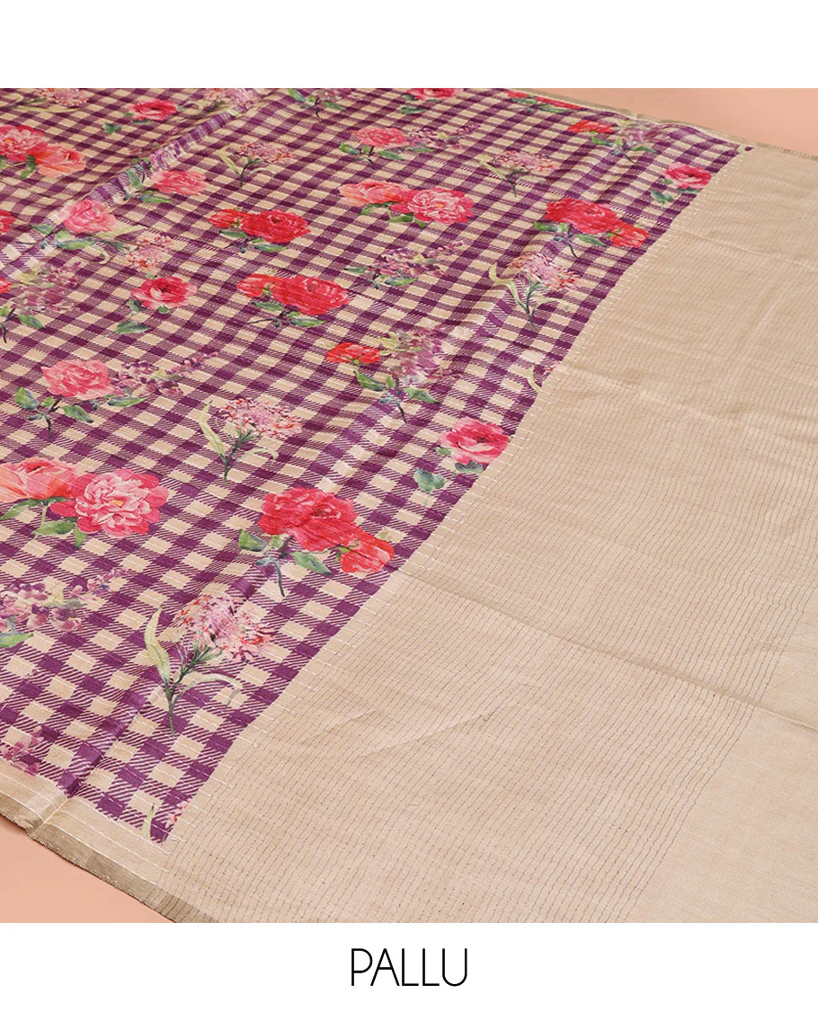 Sandal and Purple Tussar Silk Saree, Mesmerized with Burberry-Style Checks and Floral Print on Its Body, a Subtle Border, Subtly Striped Pallu, and Paired with a Matching Blouse - Image 5
