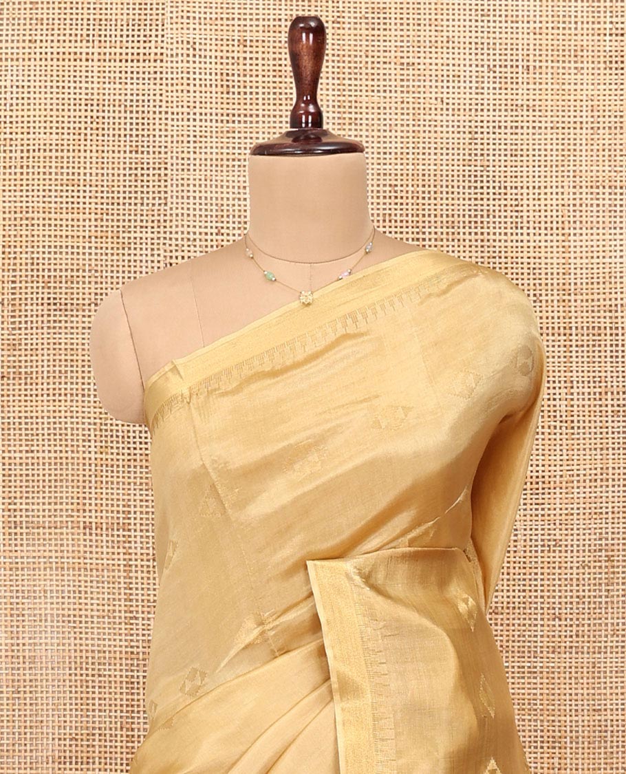 Sandal Banana Pith Saree, Subtly Sparkled with Buttas All Over Its Body, Subtle Border, Striped Pallu, and Paired with a Matching Blouse - Image 2